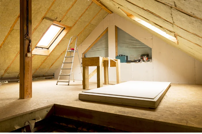 Unfertiger Dachboden mit Dämmung und Werkzeug